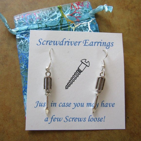 Funny Screwdriver Charm "Just In Case You may have a few Screws loose!" Earrings - Picture 1 of 3